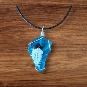 Hand-Painted Eagle Feather Artisan Blue Glass Wire-Wrapped Black Cord Necklace
